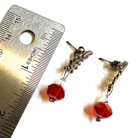 Silver tone leaf red crystal drop earrings - Picture 7 of 11